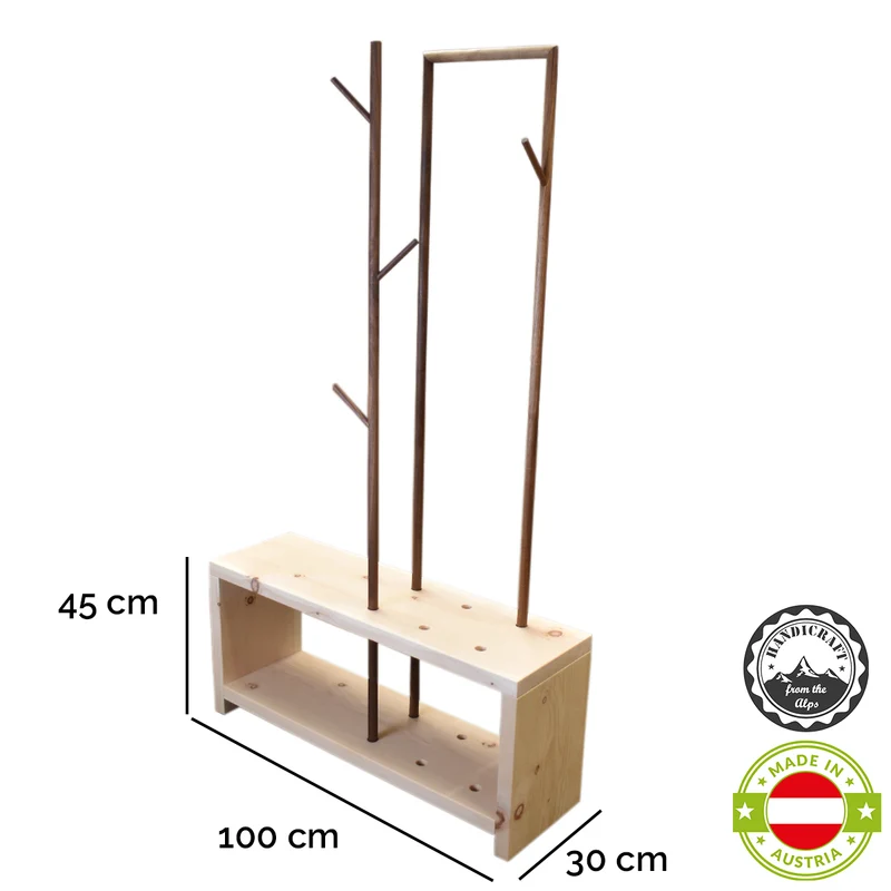 Massivholz Garderobe/Sitzbank 'MyStyle - Medium' | L 100 x T 30 x H 45 cm | in verschiedenen Holzarten und Stärken | mit verschiedenen Kleiderstangen aus Nussholz | Made in Austria