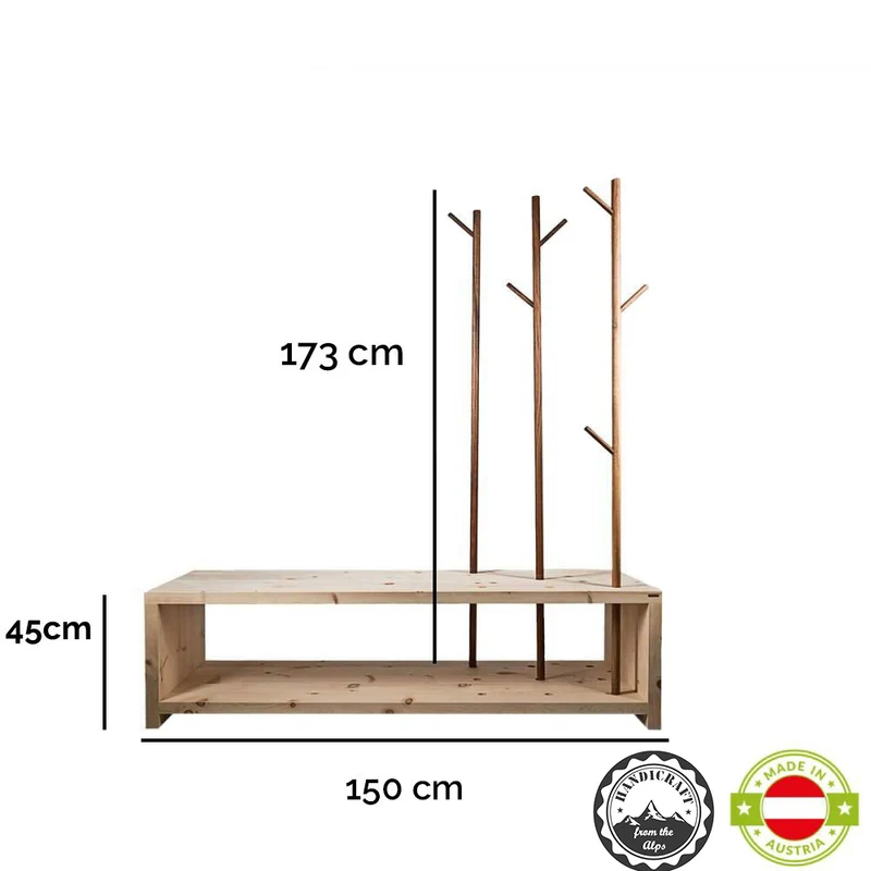 Massivholz Garderobe/Sitzbank 'MyStyle - Large' | L 150 x T 50 x H 45 cm | in verschiedenen Holzarten und Stärken | mit verschiedenen Kleiderstangen aus Nussholz | Made in Austria