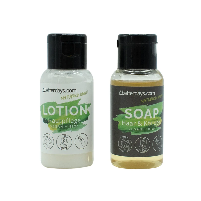 Gesamtkörper Pflege-Set Seife + Lotion | je 30 ml | 2-teilig | für Körper, Haar, Gesicht & Hand | Refill-Hautpflege | für Groß und Klein | für Bad und Beauty Bag | Made in Austria