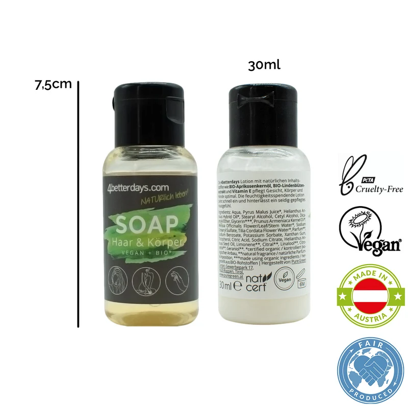 Gesamtkörper Pflege-Set Seife + Lotion | je 30 ml | 2-teilig | für Körper, Haar, Gesicht & Hand | Refill-Hautpflege | für Groß und Klein | für Bad und Beauty Bag | Made in Austria