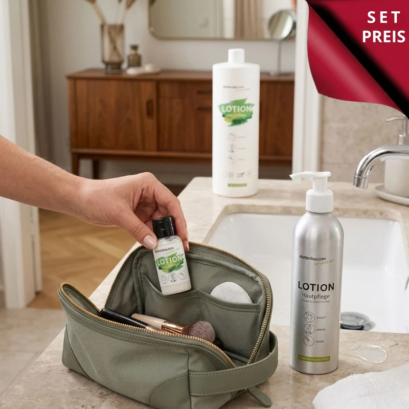 Pflege-Set natürliche Lotion | 30 ml + 250 ml + 1 L | 3-teilig | für Körper, Gesicht & Hand | Refill-Hautpflege | für Groß und Klein | für Bad und Beauty Bag | Made in Austria
