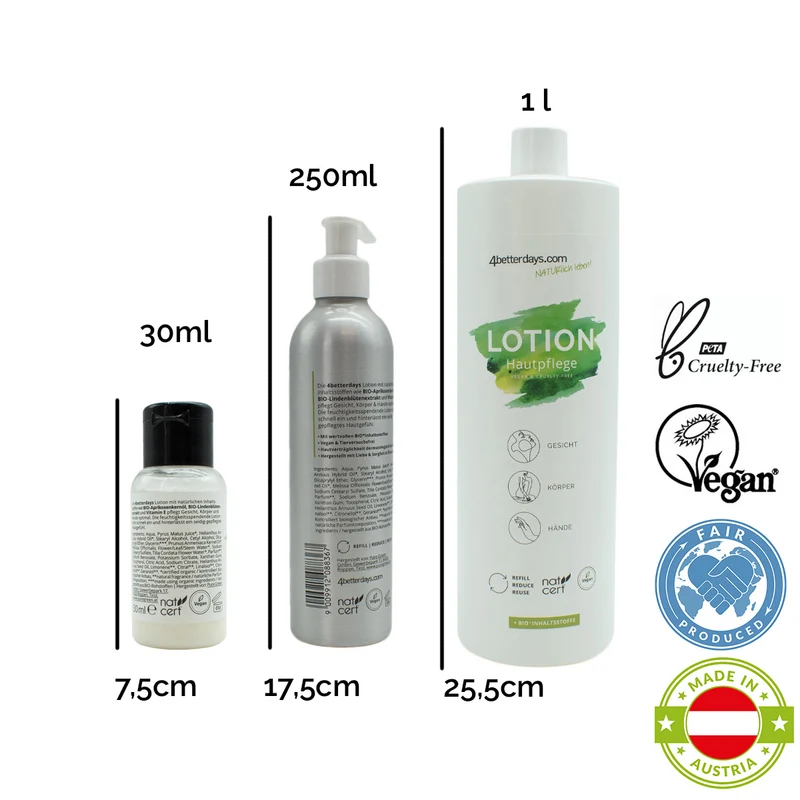 Gesamtkörper Pflege-Set Seife + Lotion | je 30 ml + 250 ml + 1 L | 6-teilig | für Körper, Haar, Gesicht & Hand | Refill-Hautpflege | für Groß und Klein | für Bad und Beauty Bag | Made in Austria