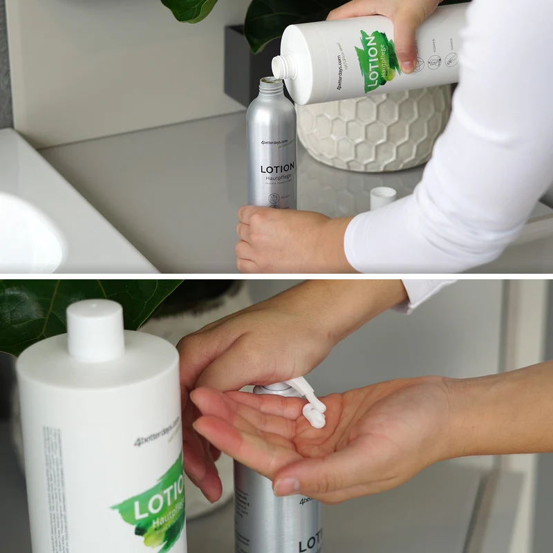 Gesamtkörper Pflege-Set Seife + Lotion | je 30 ml + 250 ml + 1 L | 6-teilig | für Körper, Haar, Gesicht & Hand | Refill-Hautpflege | für Groß und Klein | für Bad und Beauty Bag | Made in Austria