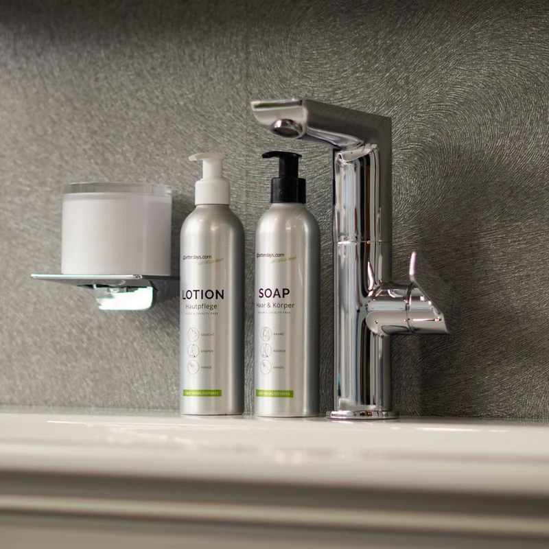 Gesamtkörper Pflege-Set Seife + Lotion | je 30 ml + 250 ml + 1 L | 6-teilig | für Körper, Haar, Gesicht & Hand | Refill-Hautpflege | für Groß und Klein | für Bad und Beauty Bag | Made in Austria