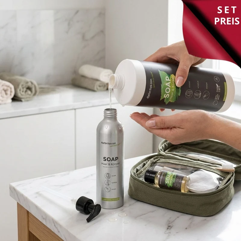 Pflege-Set natürliche Seifen | 30 ml + 250 ml + 1 L | 3-teilig | für Körper, Haar & Hand | Refill-Hautpflege | für Groß und Klein | für Bad und Beauty Bag | Made in Austria
