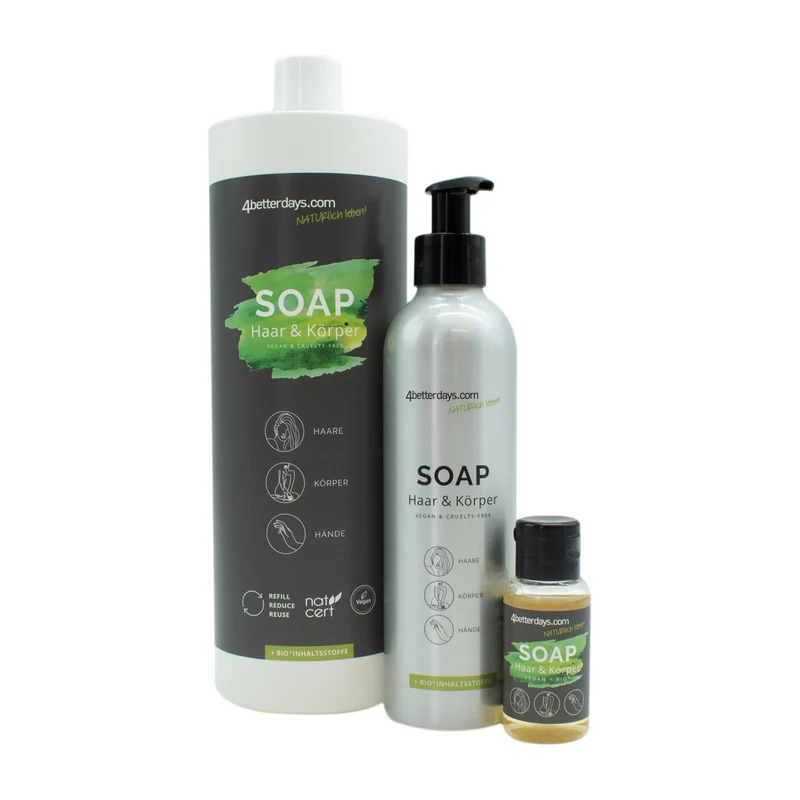 Pflege-Set natürliche Seifen | 30 ml + 250 ml + 1 L | 3-teilig | für Körper, Haar & Hand | Refill-Hautpflege | für Groß und Klein | für Bad und Beauty Bag | Made in Austria