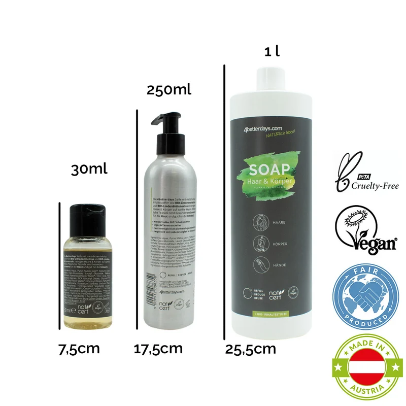 Pflege-Set natürliche Seifen | 30 ml + 250 ml + 1 L | 3-teilig | für Körper, Haar & Hand | Refill-Hautpflege | für Groß und Klein | für Bad und Beauty Bag | Made in Austria