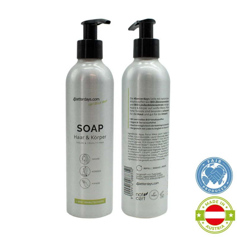 Naturliche Seife für Körper, Haar & Hände | Refill-Reinigungspflege | für Groß und Klein | Basis-Alu-Spender | 250 ml | für Bad und Beauty Bag | Hergestellt in Österreich