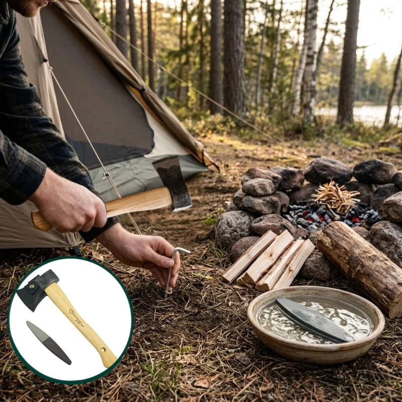 Campingbeil mit Lederschneidenschutz | aus Schwedenstahl | mit stabilem Eschenstiel | inkl. gratis Schleifstein | handgeschmiedet in Deutschland