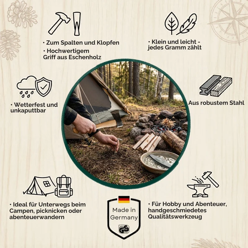 Campingbeil mit Lederschneidenschutz | aus Schwedenstahl | mit stabilem Eschenstiel | inkl. gratis Schleifstein | handgeschmiedet in Deutschland
