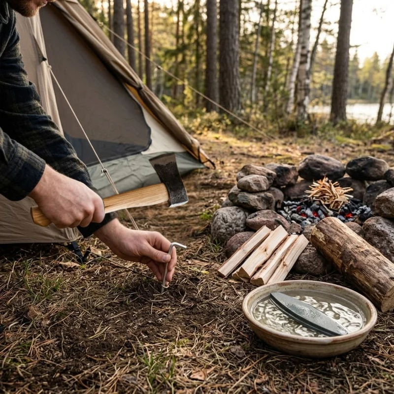 Campingbeil mit Lederschneidenschutz | aus Schwedenstahl | mit stabilem Eschenstiel | inkl. gratis Schleifstein | handgeschmiedet in Deutschland