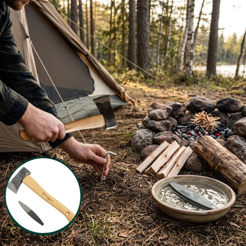 Campingbeil | aus Schwedenstahl | mit stabilem Eschenstiel | inkl. gratis Schleifstein | handgeschmiedet in Deutschland