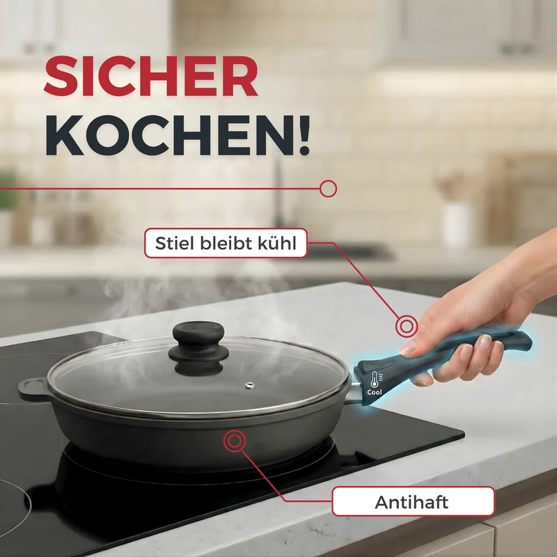 Lieblingspfanne Bratpfanne 24-28 cm Ø - flach oder hoher Rand - Für alle Herdarten & Induktion - mit Glasdeckel & 4D Antihaft-Veredelung - für krosses Anbraten & Röstaromen