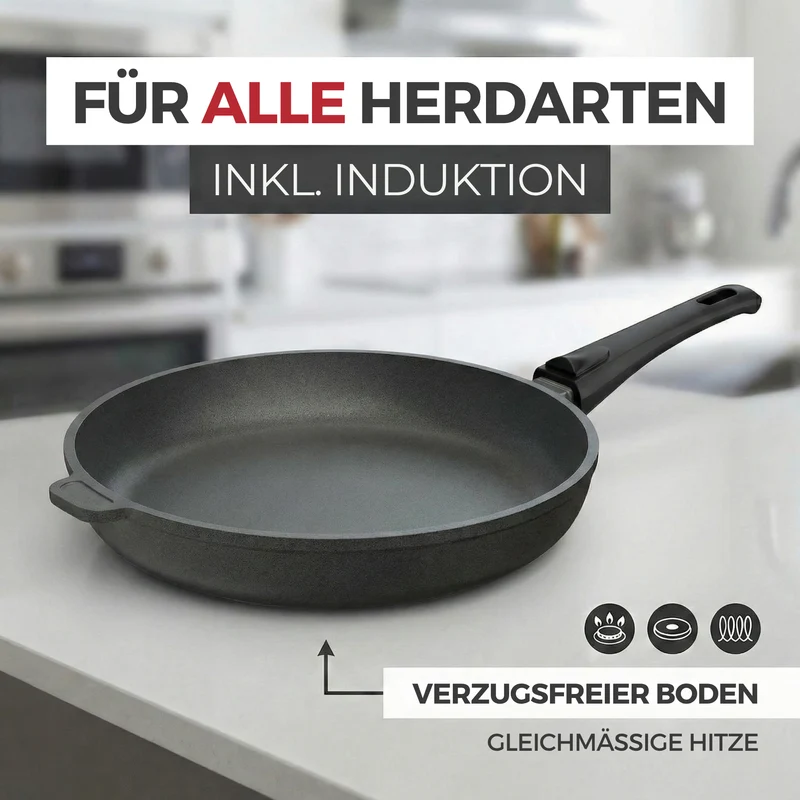 Lieblingspfanne Bratpfanne 24-28 cm Ø - flach oder hoher Rand - Für alle Herdarten & Induktion - mit Glasdeckel & 4D Antihaft-Veredelung - für krosses Anbraten & Röstaromen