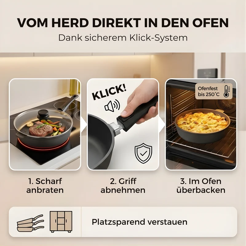 Lieblingspfanne Bratpfanne 24-28 cm Ø - flach oder hoher Rand - Für alle Herdarten & Induktion - mit Glasdeckel & 4D Antihaft-Veredelung - für krosses Anbraten & Röstaromen