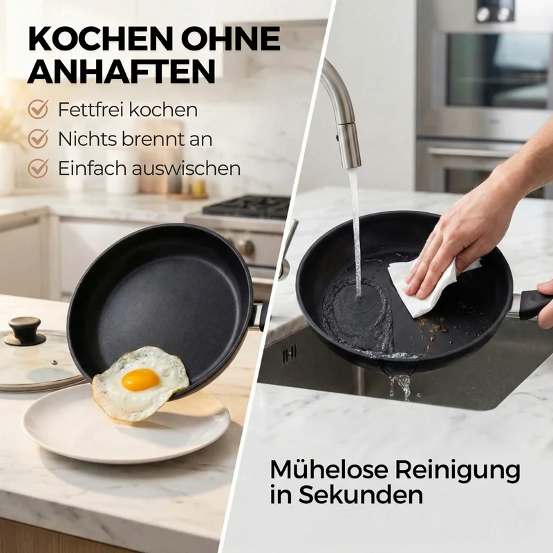 Lieblingspfanne Bratpfanne 24-28 cm Ø - flach oder hoher Rand - Für alle Herdarten & Induktion - mit Glasdeckel & 4D Antihaft-Veredelung - für krosses Anbraten & Röstaromen