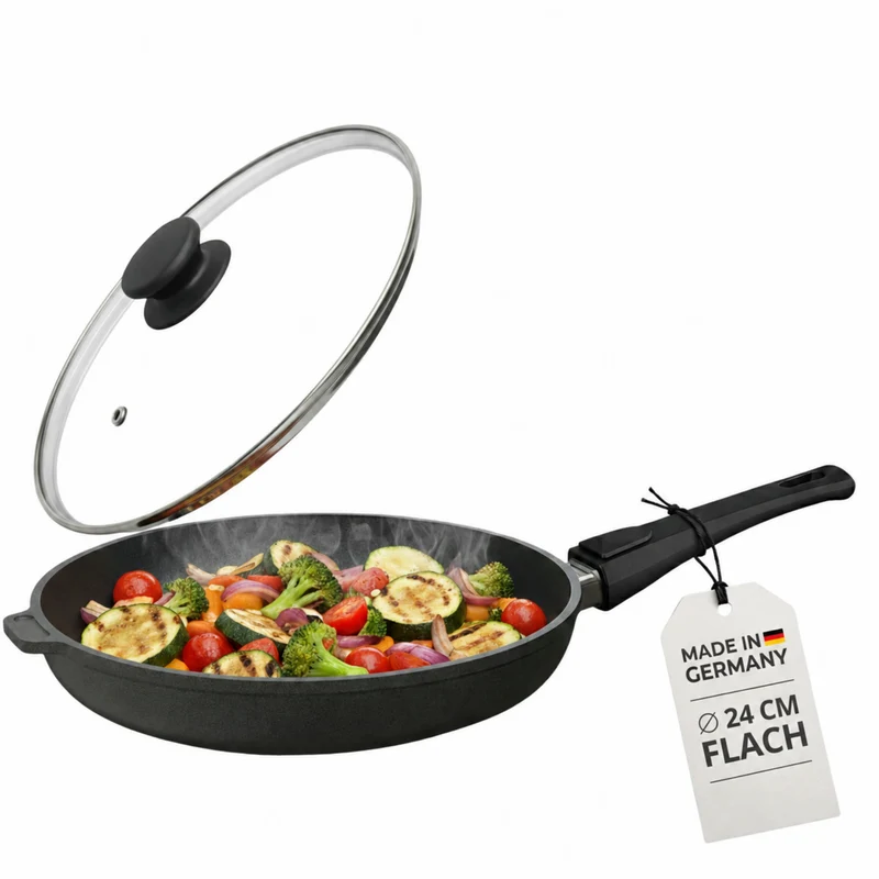 Lieblingspfanne Bratpfanne 24-28 cm Ø - flach oder hoher Rand - Für alle Herdarten & Induktion - mit Glasdeckel & 4D Antihaft-Veredelung - für krosses Anbraten & Röstaromen