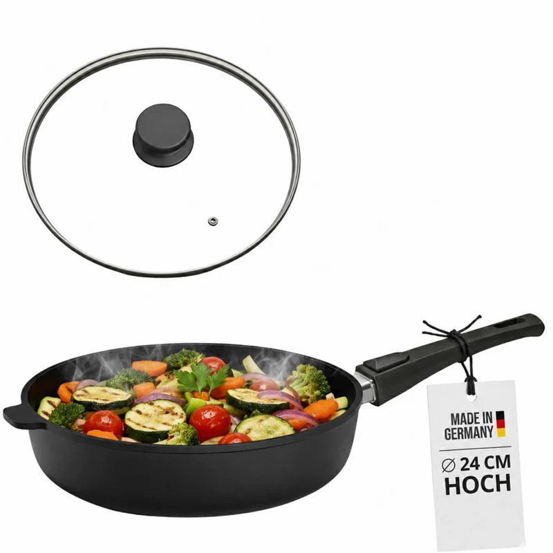 Lieblingspfanne Bratpfanne 24-28 cm Ø - flach oder hoher Rand - Für alle Herdarten & Induktion - mit Glasdeckel & 4D Antihaft-Veredelung - für krosses Anbraten & Röstaromen