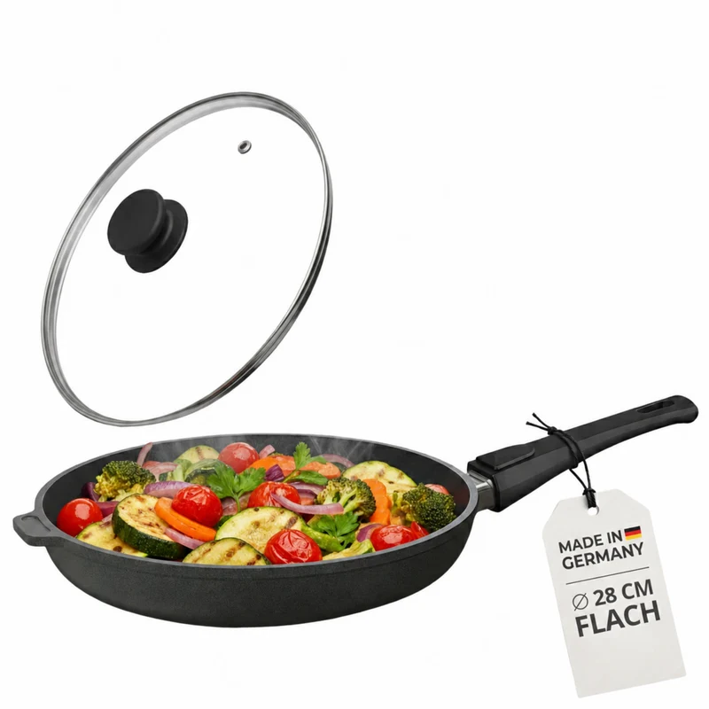 Lieblingspfanne Bratpfanne 24-28 cm Ø - flach oder hoher Rand - Für alle Herdarten & Induktion - mit Glasdeckel & 4D Antihaft-Veredelung - für krosses Anbraten & Röstaromen