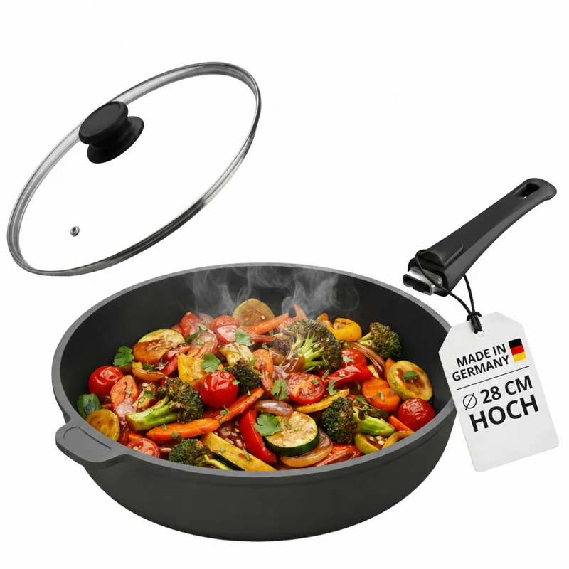 Lieblingspfanne Bratpfanne 24-28 cm Ø - flach oder hoher Rand - Für alle Herdarten & Induktion - mit Glasdeckel & 4D Antihaft-Veredelung - für krosses Anbraten & Röstaromen