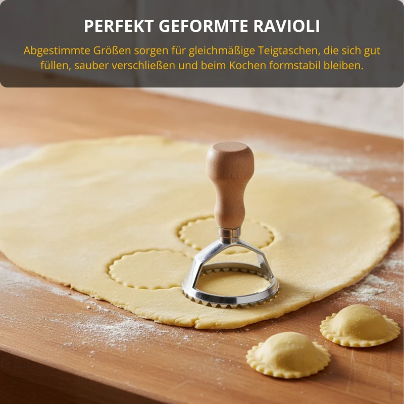 Ravioli & Pasta Set – 3 Ausstecher + Teigrad, Edelstahl & Holz, für frische hausgemachte Ravioli