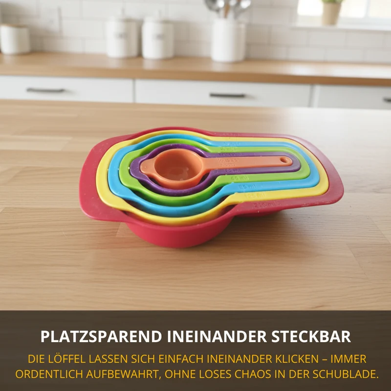 Thiru Messlöffel-Set Matroschka 6-tlg. – farbige Messbecher 7,5–250 ml, stapelbar & platzsparend