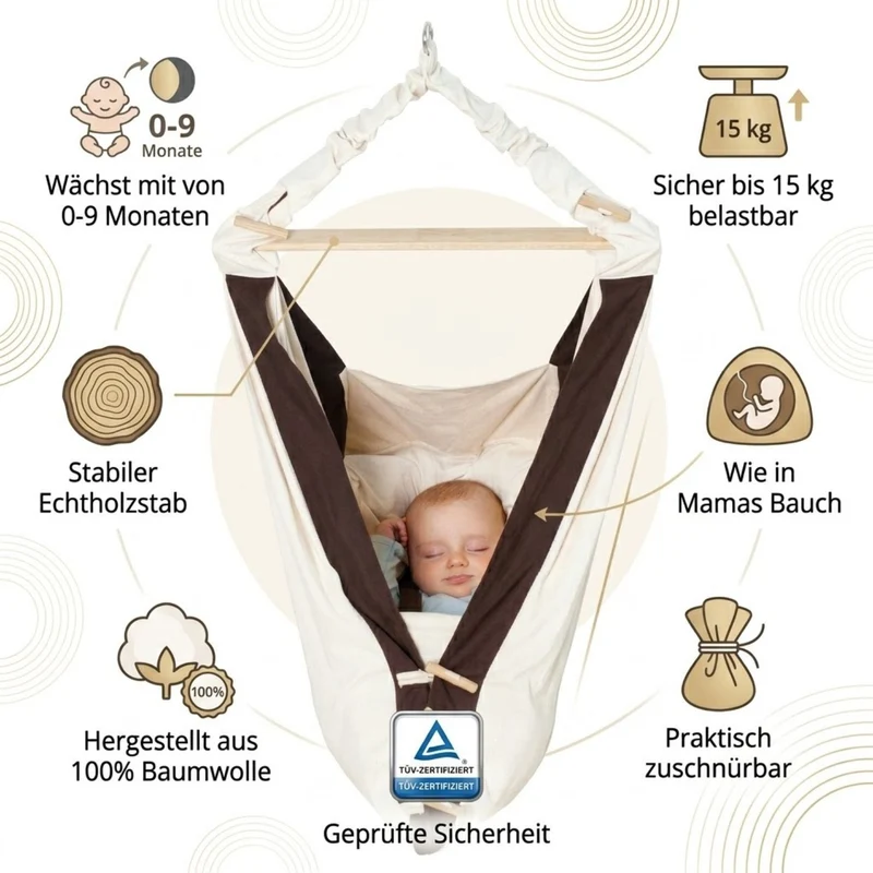 Babyhängematte Kangoo - Luxuriöse Hängemattenliege für Babys | von 0 - 9 Monate | 100% Baumwolle