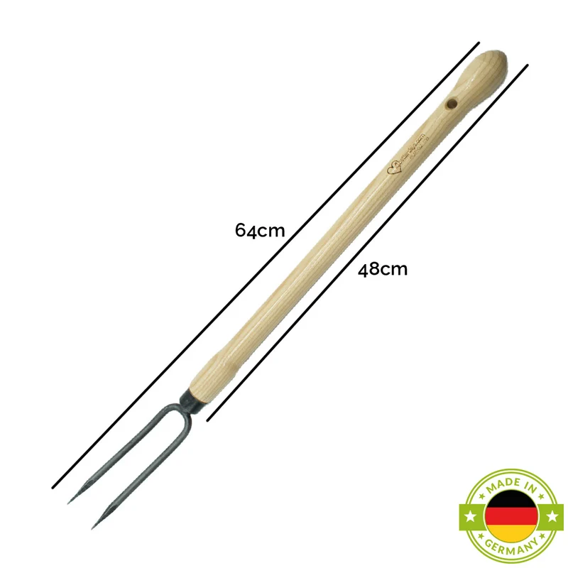 Rosen-Handgabel | aus Schwedenstahl | mit 48 cm Eschen-Knopf-Stiel | handgeschmiedet in Deutschland