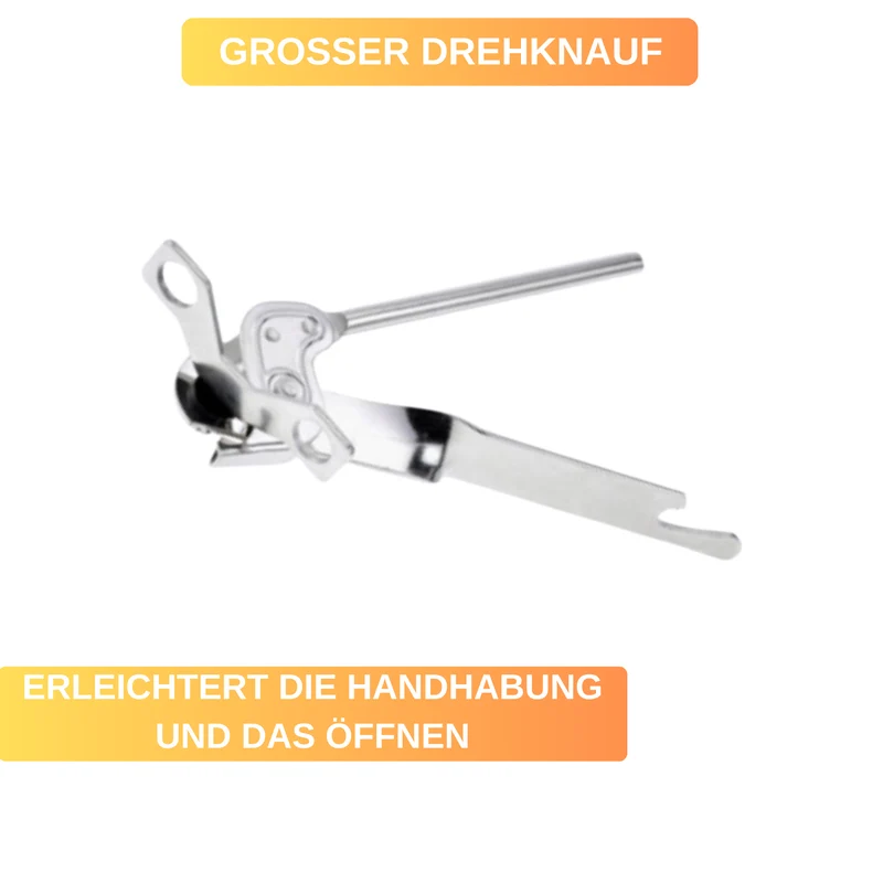 Zangendosenöffner mit Flaschenöffner – gehärtetes Schneidemesser & Zahnrad • müheloses Öffnen dank großem Drehknauf