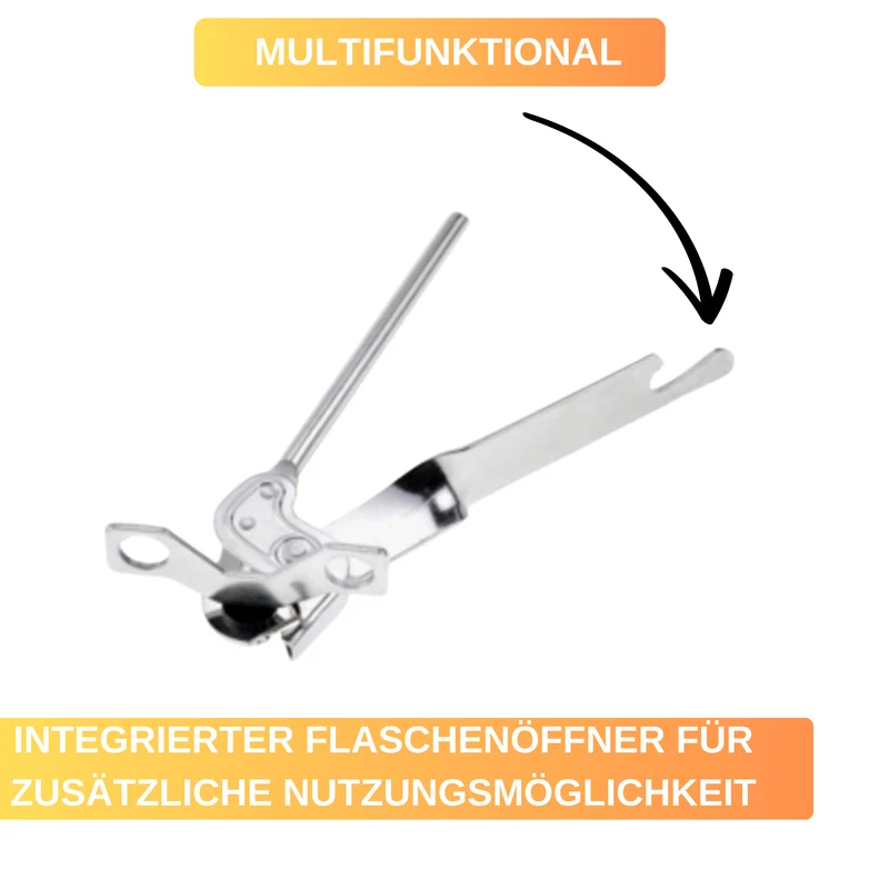 Zangendosenöffner mit Flaschenöffner – gehärtetes Schneidemesser & Zahnrad • müheloses Öffnen dank großem Drehknauf