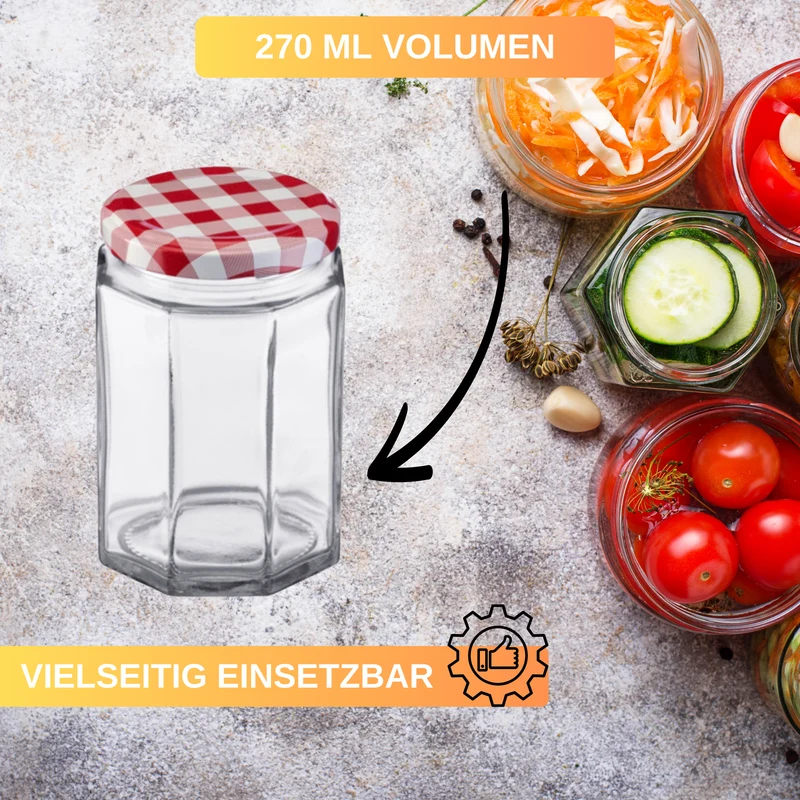 Einmachgläser - Gläser - 6 Gläser - Eckig - 270 ml - ø 63 mm