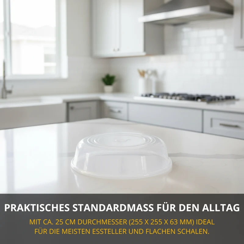 Thiru Mikrowellen-Abdeckhaube Ø 25 cm – transparenter Kunststoff-Deckel, spritzgeschützt, spülmaschinengeeignet, Made in Germany