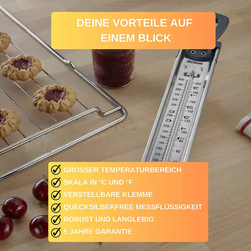 Thiru Kochthermometer – Zucker-Thermometer aus Edelstahl, 40-200 °C, quecksilberfrei