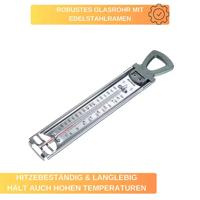 Thiru Kochthermometer – Zucker-Thermometer aus Edelstahl, 40-200 °C, quecksilberfrei