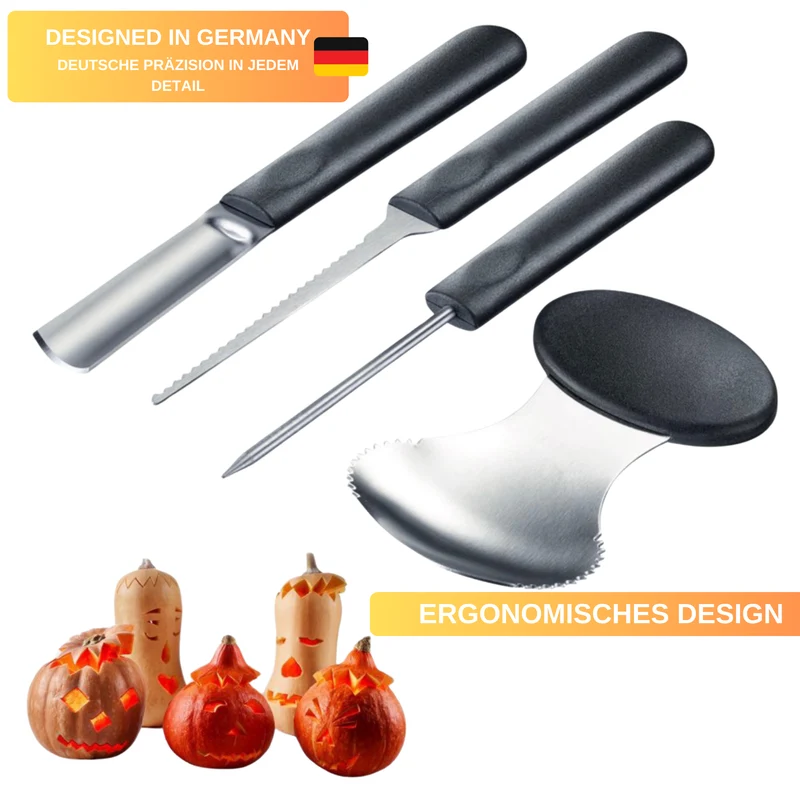 Kürbis Schnitz-Set »Halloween« – 4-tlg. aus Edelstahl • inkl. Schnitzvorlagen & Kunststoffgriffen