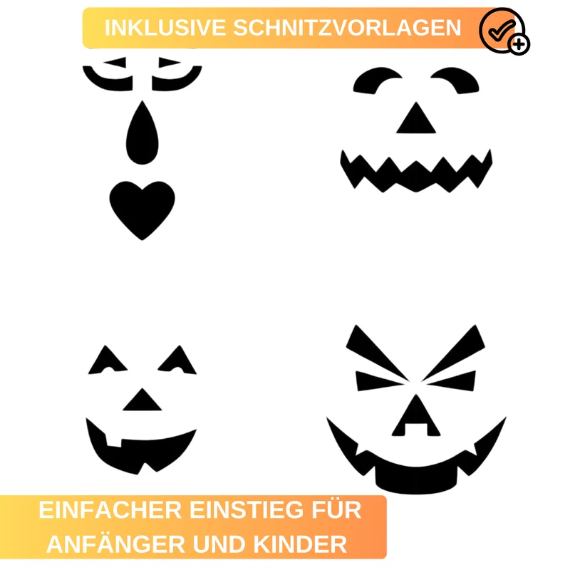 Kürbis Schnitz-Set »Halloween« – 4-tlg. aus Edelstahl • inkl. Schnitzvorlagen & Kunststoffgriffen