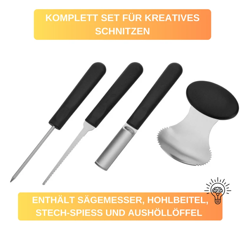Kürbis Schnitz-Set »Halloween« – 4-tlg. aus Edelstahl • inkl. Schnitzvorlagen & Kunststoffgriffen