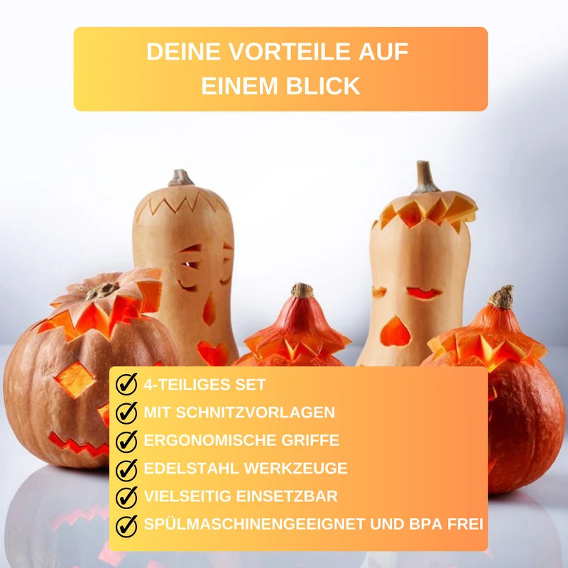 Kürbis Schnitz-Set »Halloween« – 4-tlg. aus Edelstahl • inkl. Schnitzvorlagen & Kunststoffgriffen
