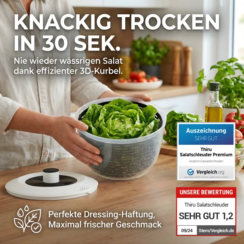 Thiru Salatschleuder 5L- 2in1 Schleuder & Salatschüssel - Ausgezeichnet mit Note sehr gut