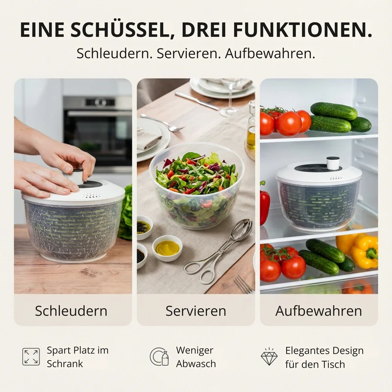 Thiru Salatschleuder 5L- 2in1 Schleuder & Salatschüssel - Ausgezeichnet mit Note sehr gut