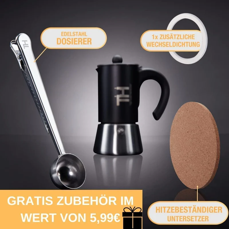 Thiru Espressokocher/ Kaffeekocher Edelstahl - inkl. Toolset
