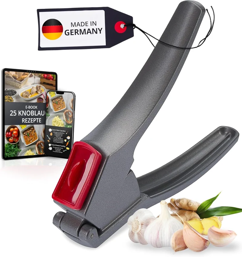 Thiru Knoblauchpresse - Ideal für Ingwer, Zwiebeln & Kapern - Kein Schälen notwendig - inkl. E-Book mit 25 Rezepten - Made in Germany