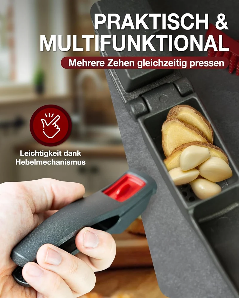 Thiru Knoblauchpresse - Ideal für Ingwer, Zwiebeln & Kapern - Kein Schälen notwendig - inkl. E-Book mit 25 Rezepten - Made in Germany