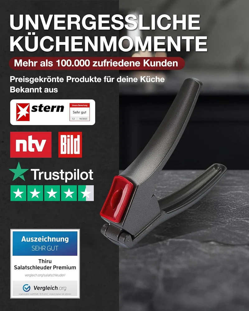 Thiru Knoblauchpresse - Ideal für Ingwer, Zwiebeln & Kapern - Kein Schälen notwendig - inkl. E-Book mit 25 Rezepten - Made in Germany