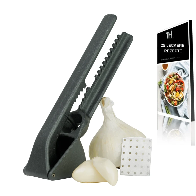 Thiru Knoblauchpresse - Ideal für Ingwer, Zwiebeln & Kapern - Kein Schälen notwendig - inkl. E-Book mit 25 Rezepten - Made in Germany