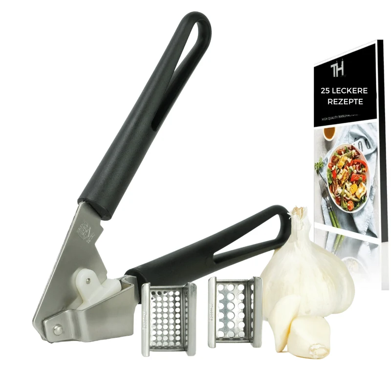 Thiru Knoblauchpresse - Ideal für Ingwer, Zwiebeln & Kapern - Kein Schälen notwendig - inkl. E-Book mit 25 Rezepten - Made in Germany