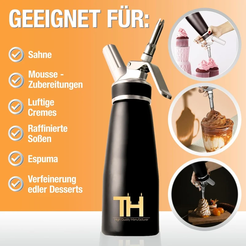 Thiru Sahnespender 500ml inkl. 3 Edelstahl Tüllen - Sahnesyphon mit E-Book