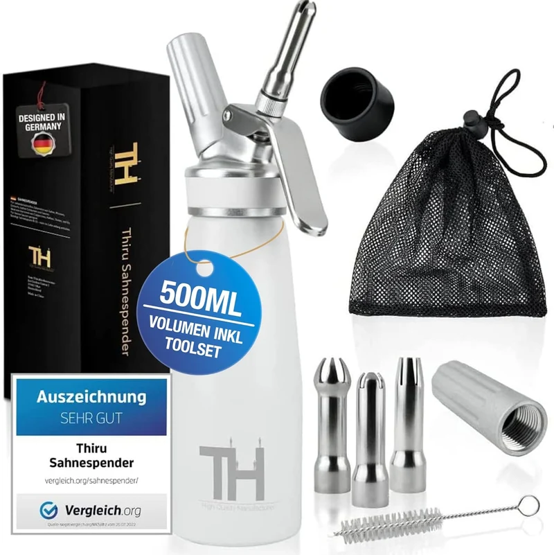 Thiru Sahnespender 500ml inkl. 3 Edelstahl Tüllen - Sahnesyphon mit E-Book