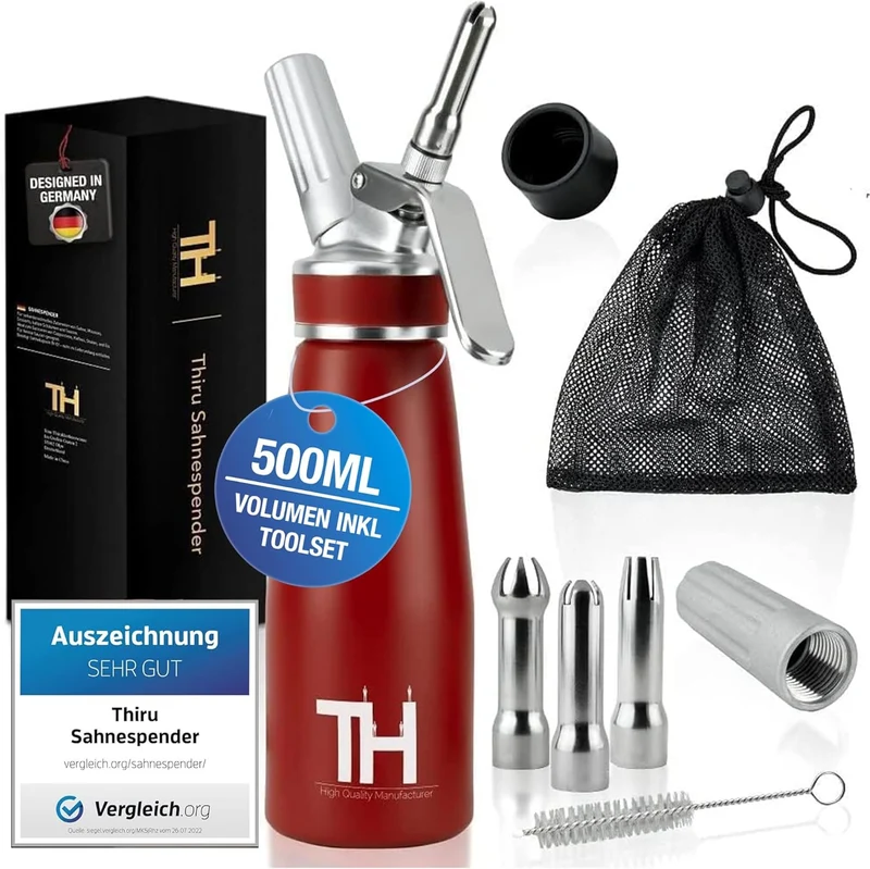 Thiru Sahnespender 500ml inkl. 3 Edelstahl Tüllen - Sahnesyphon mit E-Book