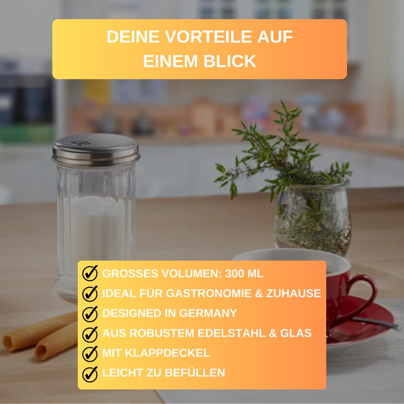Thiru Zuckerstreuer mit Deckel aus robustem Edelstahl und Klappverschluss